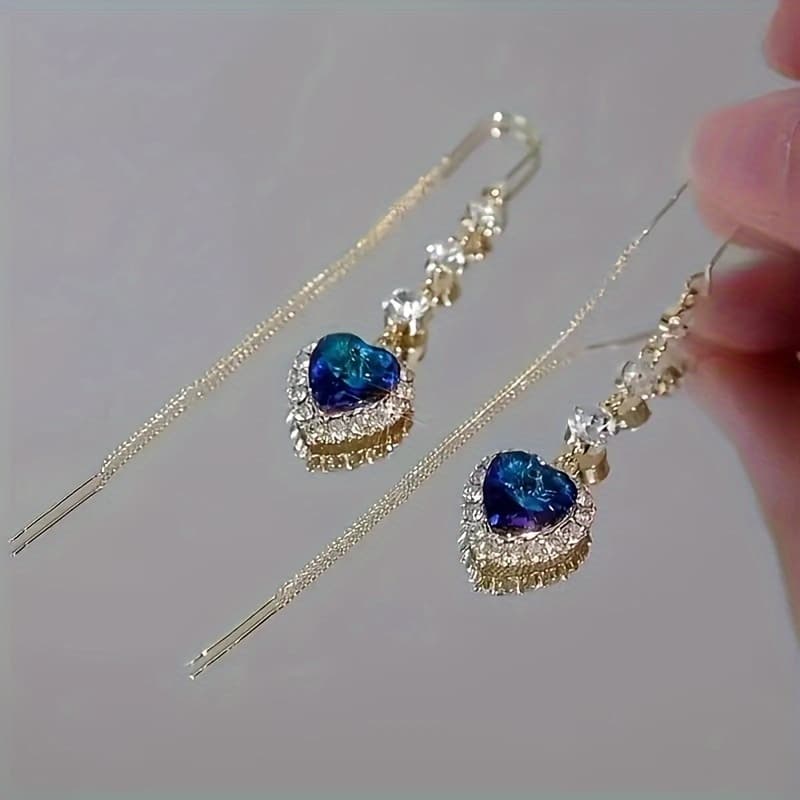 TEMU 1 Pair Of Light Luxury Heart-shaped Blue Artificial Crystal Pendant Tassel Earrings, Sparkling Decoration, Very Suitable For Women To Wear In Any
