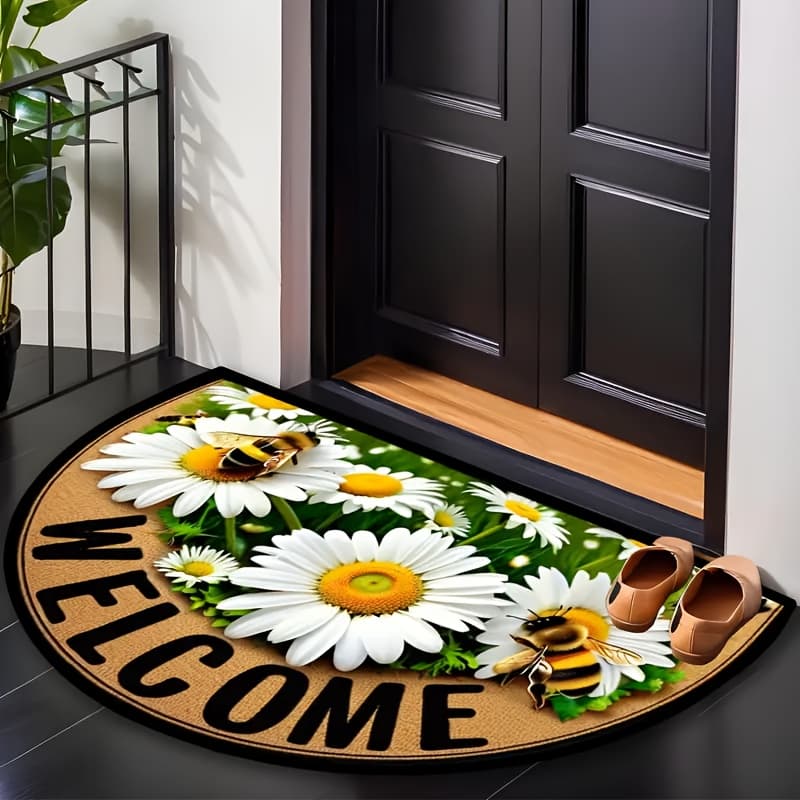 TEMU Semi-round Entrance Welcome Doormat, Non-slip Durable & Floral Welcome Mat | Half-circular Door Mat Suitable For Indoor/outdoor Use - Accent With Daisy & , House Decor