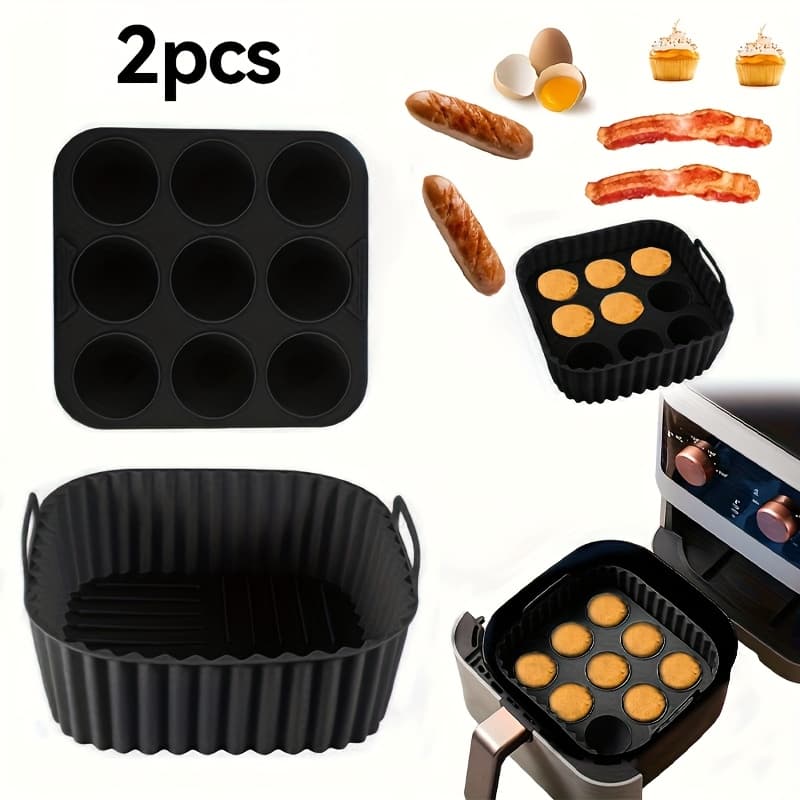TEMU 2 Pack Silicone Air Fryer Lined And Muffin Tray - Reusable Baking Tray With Cupcake/square Mold For Electric Pressure Cooker/air Fryer Oven, Easy Demoulding And Cleaning