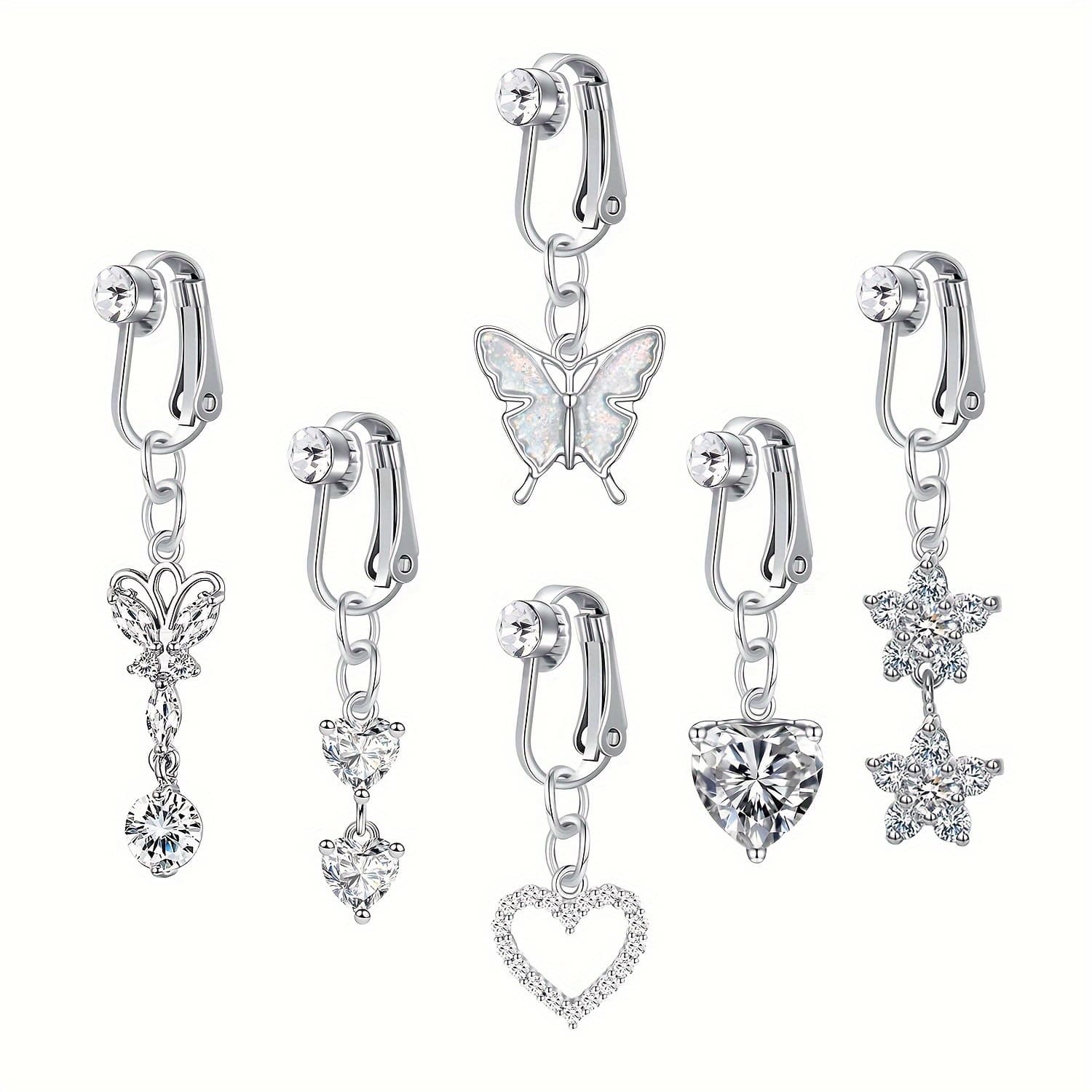 TEMU 6pcs Fake Belly Button Bars, Heart Flower Style, Silvery Stainless Steel, Fashionable Fake Belly Button Rings, Safe And , Women's Belly Bars Body No Piercing Jewelry