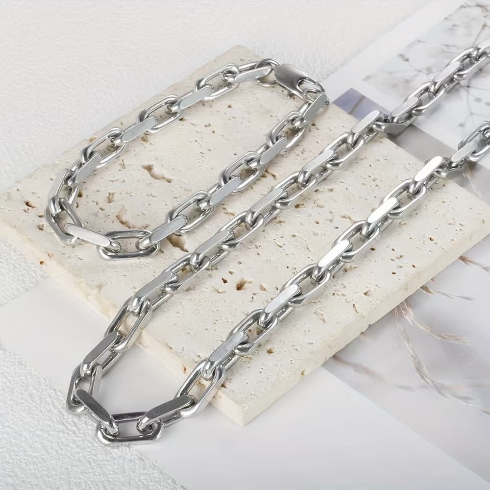TEMU 2pcs Necklace + Bracelet Set - Stylish 304 Stainless Steel Men's Everyday Party Casual Versatile Chain Bracelet And Necklace Combo