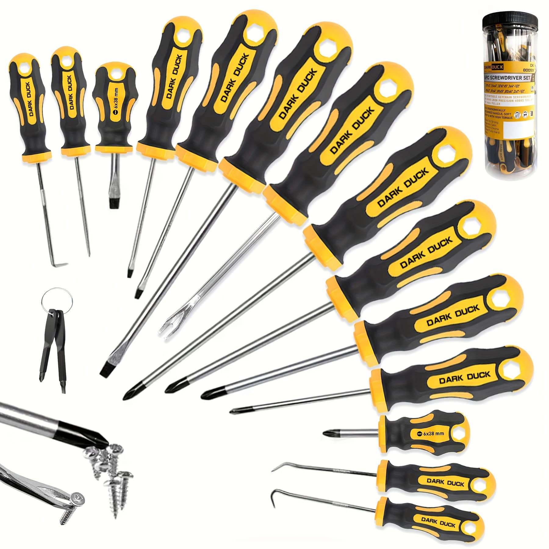 TEMU Dark Duck 16pcs Magnetic Screwdriver Set, Chrome Vanadium Steel, Lemon Yellow, Polished Finish, Flat & Phillips Heads, Includes Pick & Hook Tools, For Mechanics, Construction, Carpentry.
