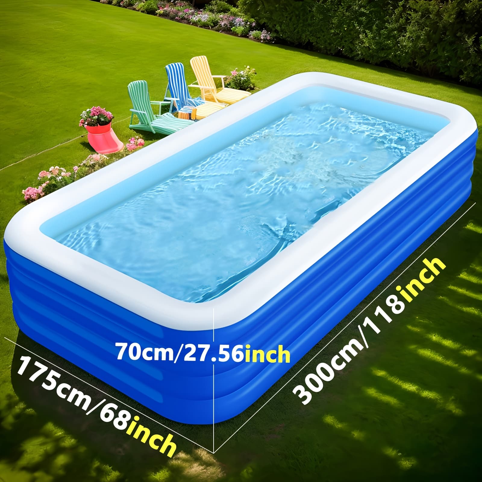 TEMU Extra-large Inflatable Home Swimming Pool. Blue And White Swimming Pool, Foldable Outdoor Pool For Gardens, Perfect For Parties .