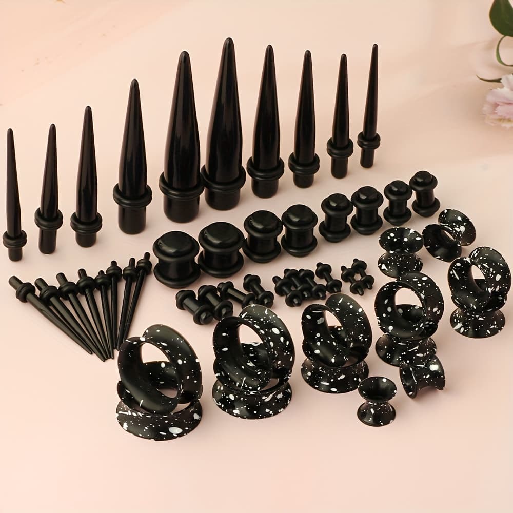 TEMU 50pcs Set, Black And White Polka Dot Acrylic Ear Stretchers With Paint Finish - Piercing Jewelery Kit