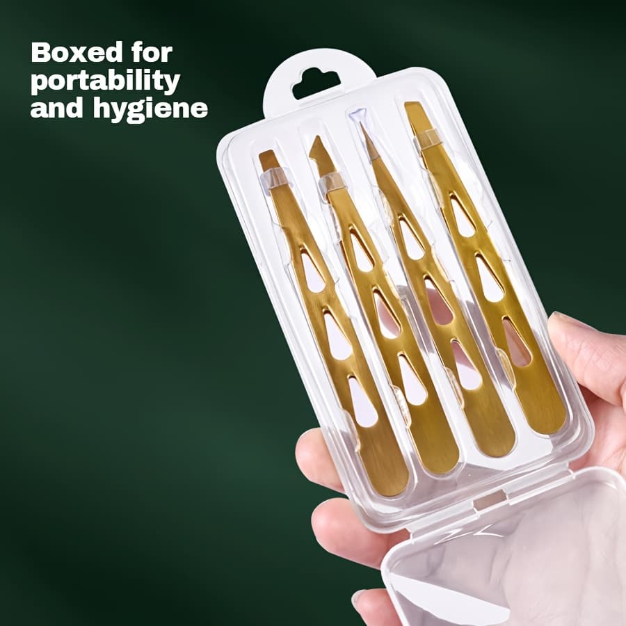 TEMU Golden Stainless Steel Eyebrow Tweezers Set Of 4: Straight, Slanted, Pointed, And Curved Tips, Eyebrow Grooming Tweezer Kit