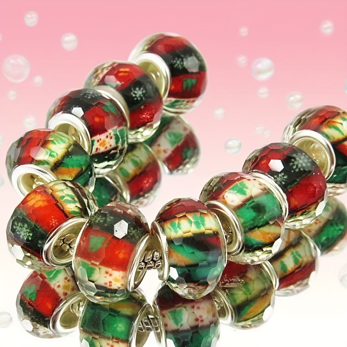 TEMU 100pcs Of Christmas-themed Beads With Colorful Patterns Suitable For European Charm Bracelets, Perfect For Jewelry Crafting (14x9mm)