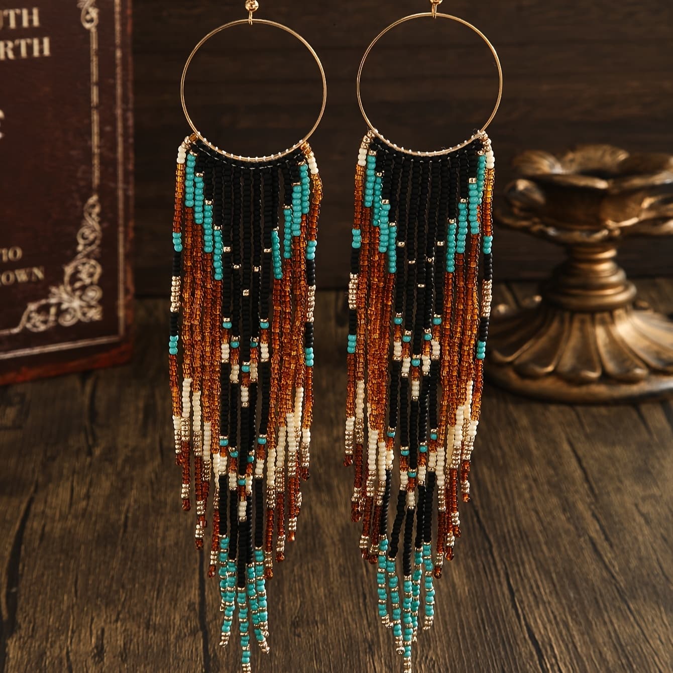 TEMU Pure Handmade Beaded Earrings, Bohemian Style Earrings, Vintage Brown Green Color- Tassel Drop Earrings, Women's Fashion Earrings, Spring Summer New Earrings, Daily Vacation Versatile Style