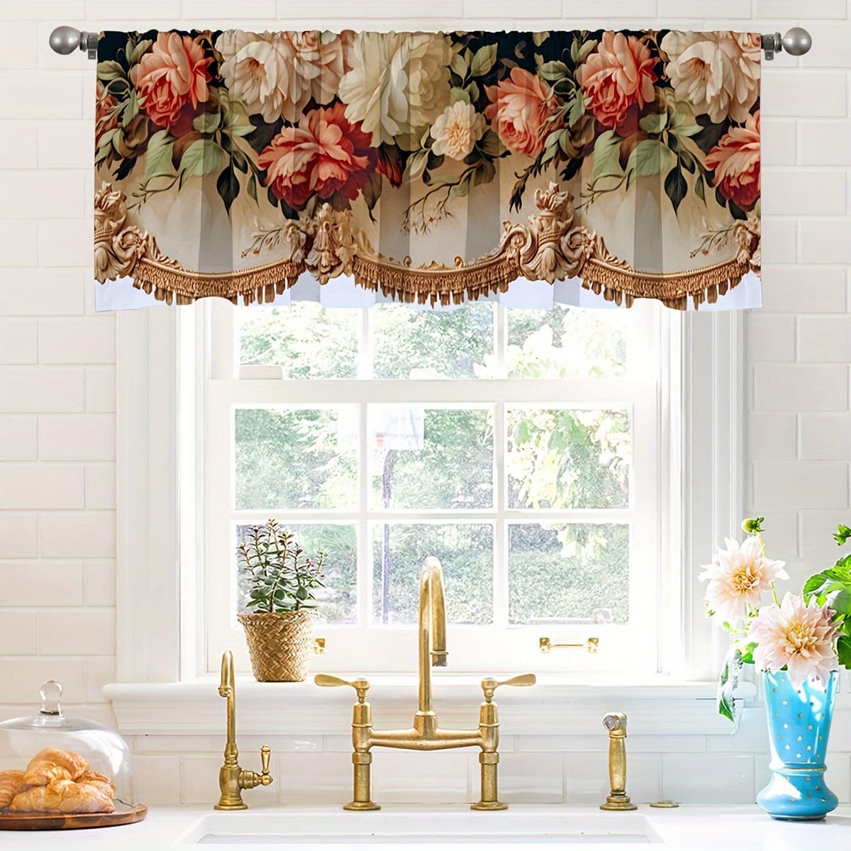 TEMU 2d Flat, 2d Flat Printing Victorian Romantic Rose Kitchen Valance, Vintage Floral Print Short Window Curtain, Fade Resistant Light Filtering For Cafe & Dining Room, Rod Pocket, 1pc, 2d Flat