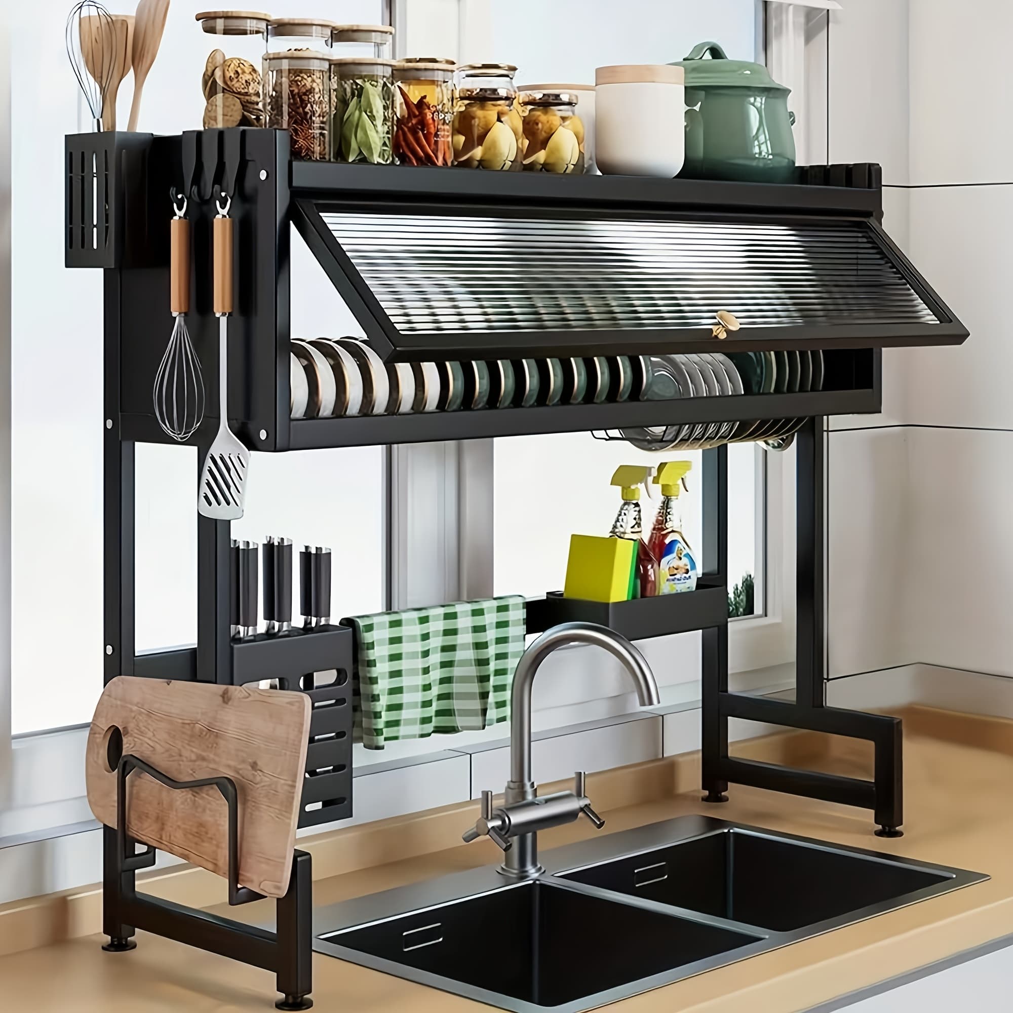 TEMU Dish Drying Rack With Cover, Over The Sink 3-tier Organizer - Large Capacity Drainer For Dishes, Glasses, Bowls And Cutlery, Counter Space With This Kitchen Storage Rack
