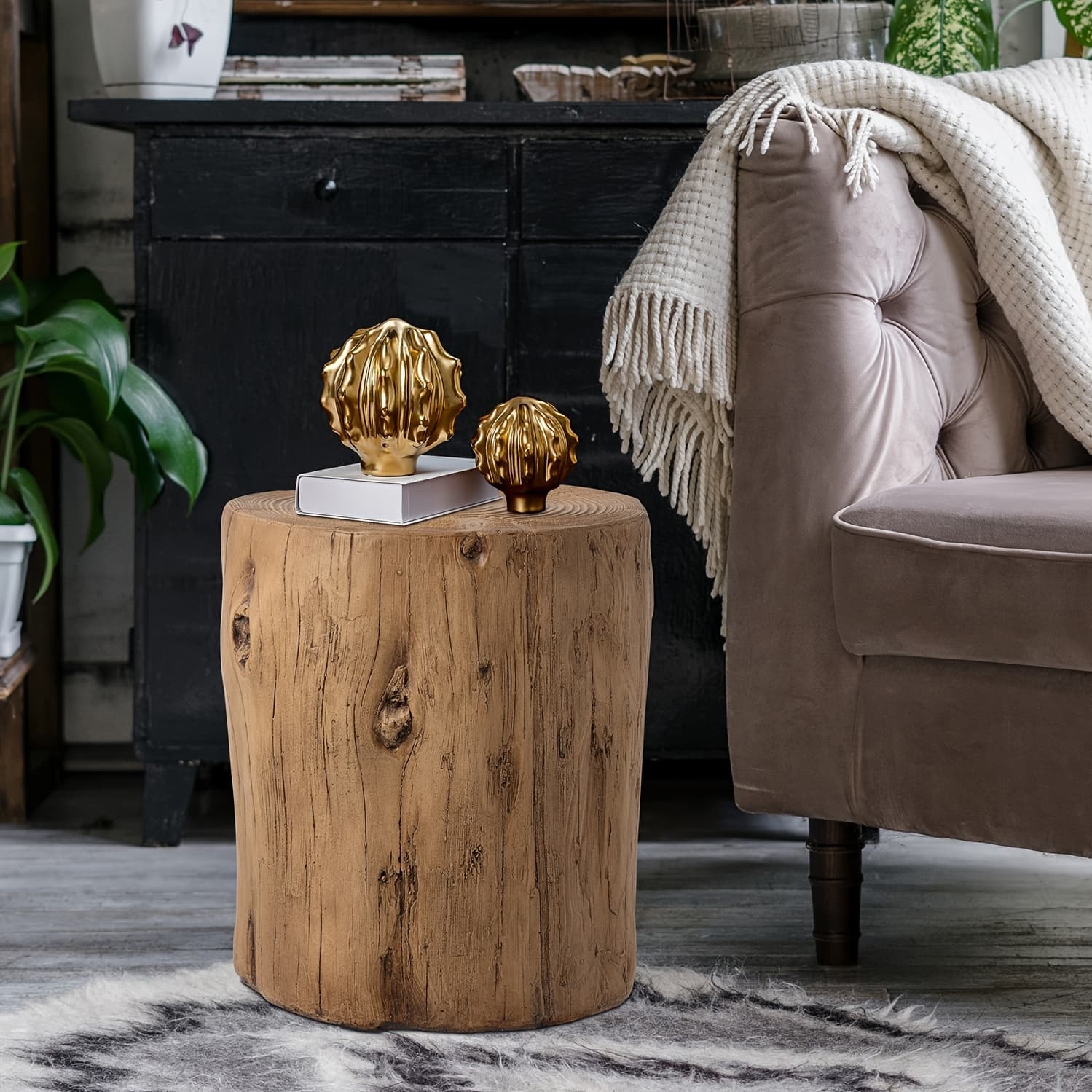 TEMU 15" Outdoor Side Table | Light Brown Tree Stump Coffee Table, Concrete Side Table, Garden Stool Side Table, Patio Accent Table, Weather Resistant With Slate Top And Cement Shelf Frame