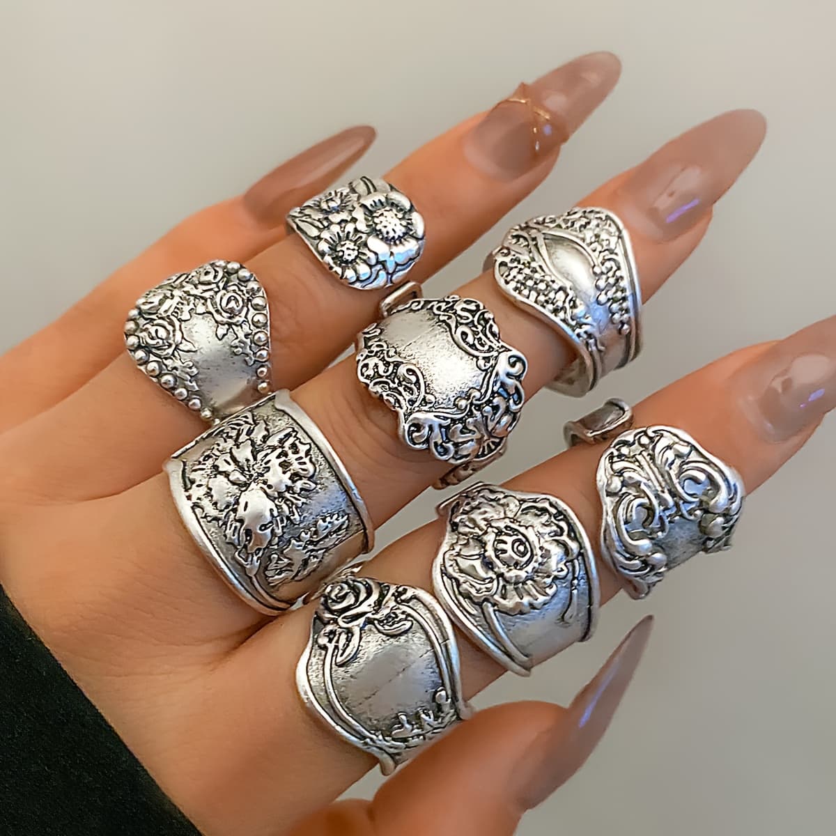 TEMU 8pcs Exaggerated Vintage Ring Joint Ring Set Retro Lace Pattern Set Western Suitable For Party Festival And Daily Wear