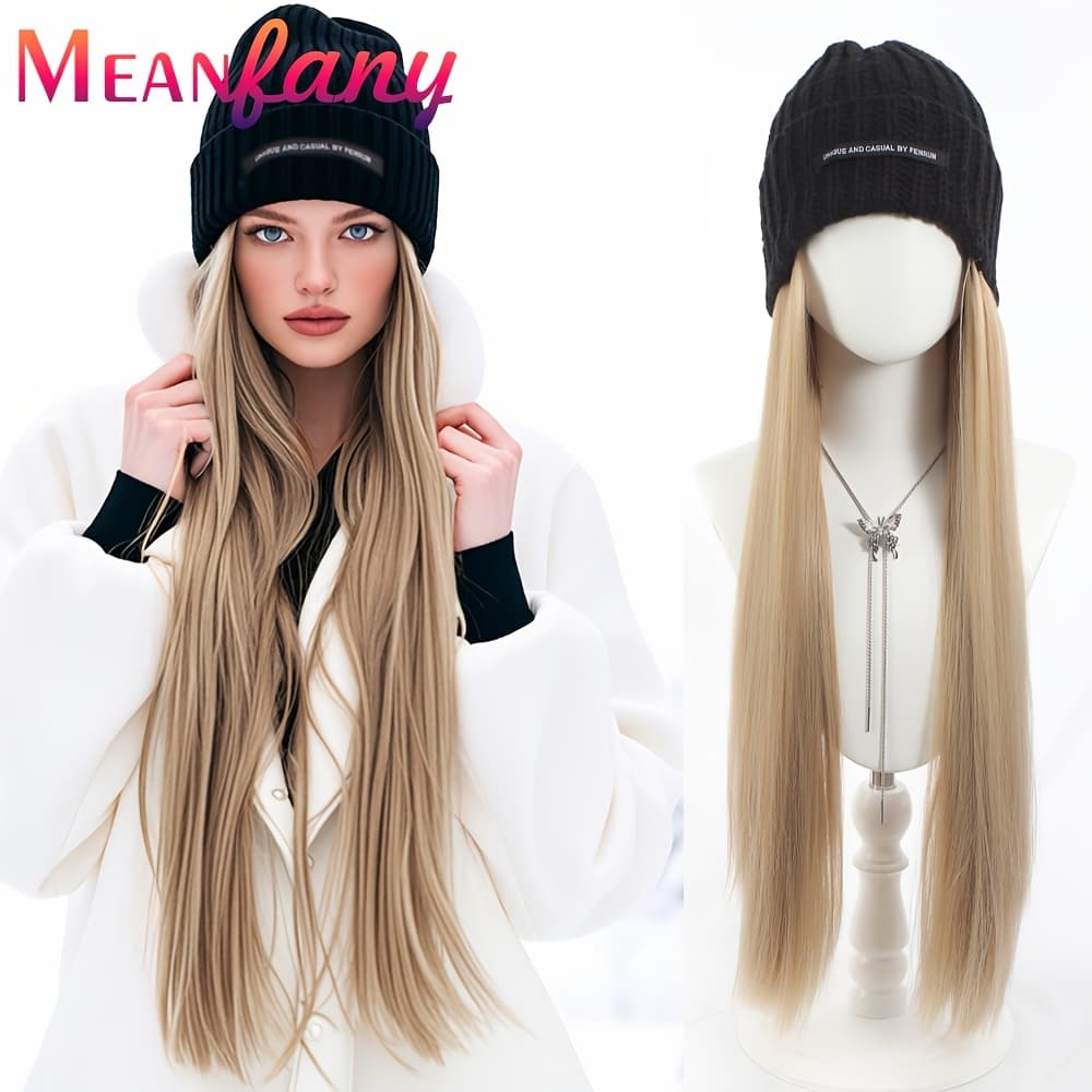 TEMU Elegant Long Curly Wave Straight Hat Wig Synthetic Wig With Knitted For Women Easy-to-wear Synthetic Hairpiece Autumn Winter Wig High Temperature Fiber, Density, Look For Daily Wear, Basics Style