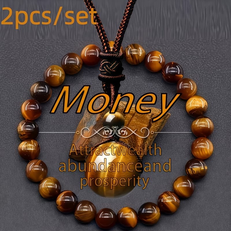 TEMU Set Of 2 Natural Eye Bracelet And Round Eye Necklace, Adjustable Design - Bracelet - Attracts Wealth, Harvest And - Suitable For Casual Wear And Special Occasions, The Best Holiday Gift For