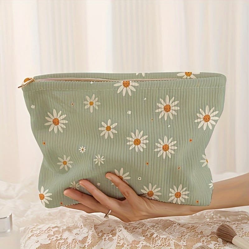 TEMU Chic Daisy Print Corduroy Makeup Bag - Lightweight, Multi-functional Cosmetic & Toiletry Organizer With Lining, Perfect For Travel