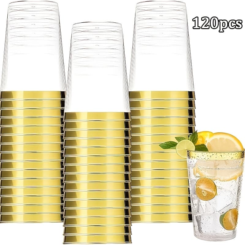 TEMU 120pcs Of Golden/ Cups, 10 Oz Clear Plastic Cups With , Beer Mugs, Disposable Hard Cups, Perfect For Weddings And Parties.