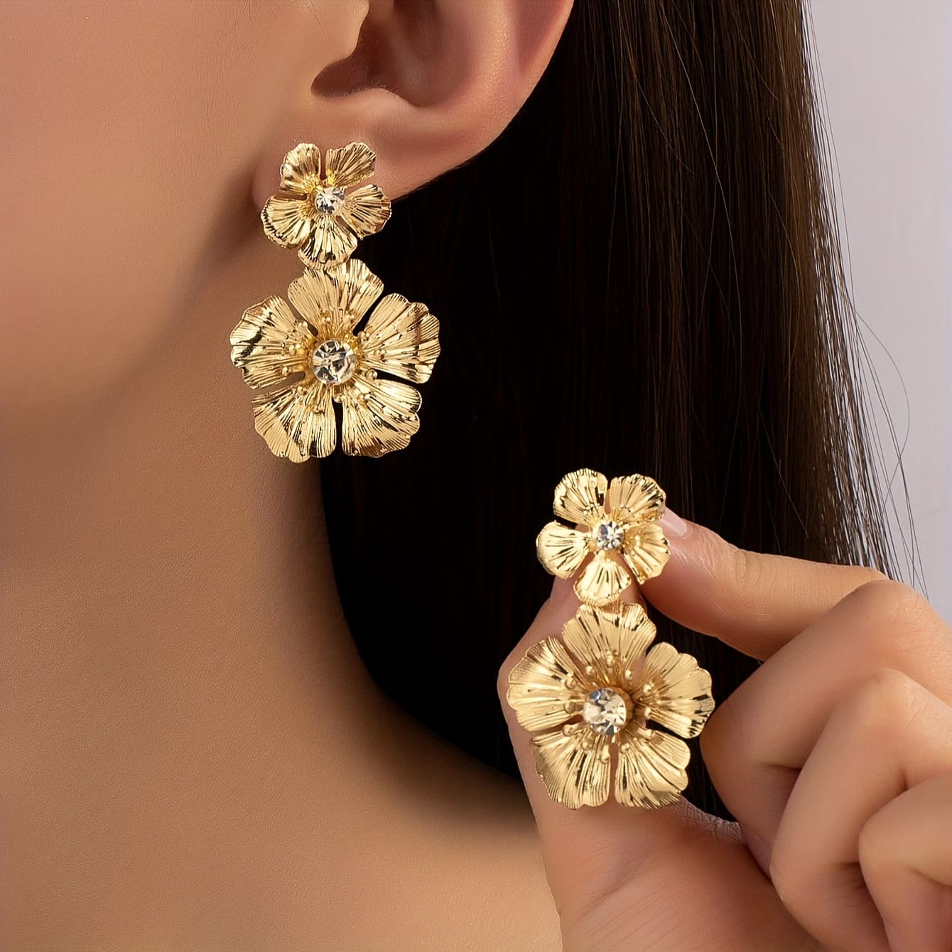 TEMU A Pair Of Elegant, Romantic, And Luxurious Women' Earrings, Featuring Wrought Iron Floral Designs With -accented Flower . Trendy Earrings For Vacations, Parties, Festivals, And Ramadan