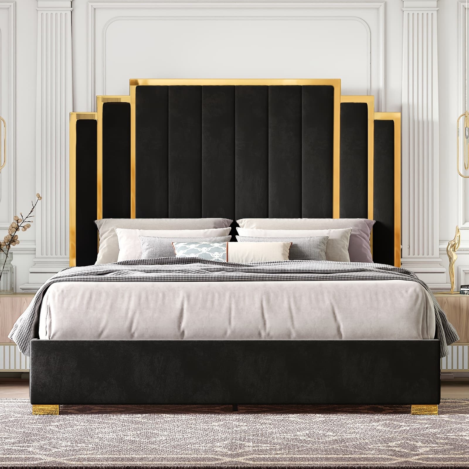 TEMU Velvet Upholstered Platform Bed Frame, In 61.4" Or 65" Sizes, Featuring A Gold-trimmed Headboard And Wooden Slats, Spring Required.