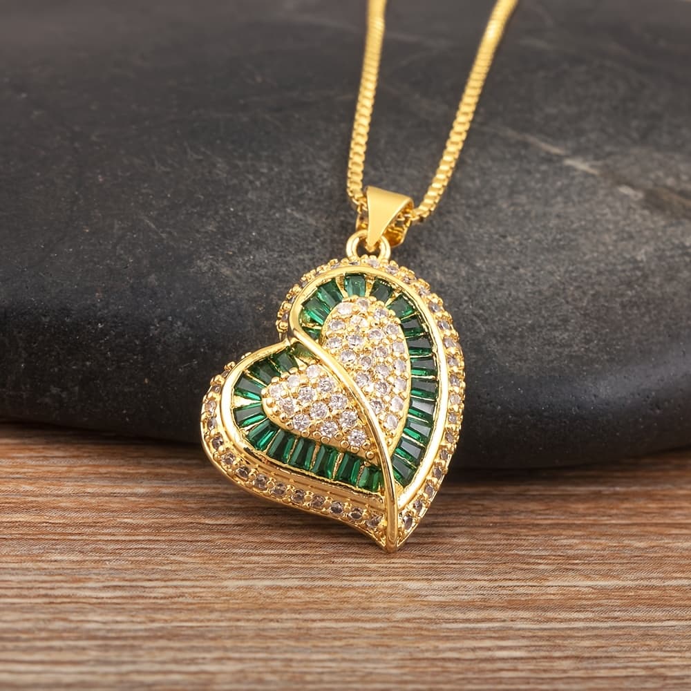 TEMU Love Heart Shape Delicate Pendant Necklace For Women Female Gold Plated Pave Shiny 3a Zirconia Light