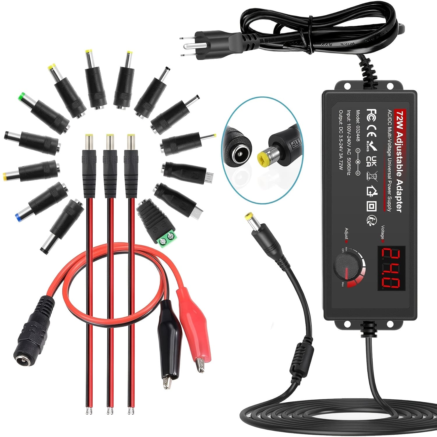TEMU 72w Power Supply Adjustable 3v - 24v Universal Switching Ac/ Adapter Ac To Converter With Led Voltage Display And 16 Tips, For 3v To 24v Household Electronics - 3000ma Max