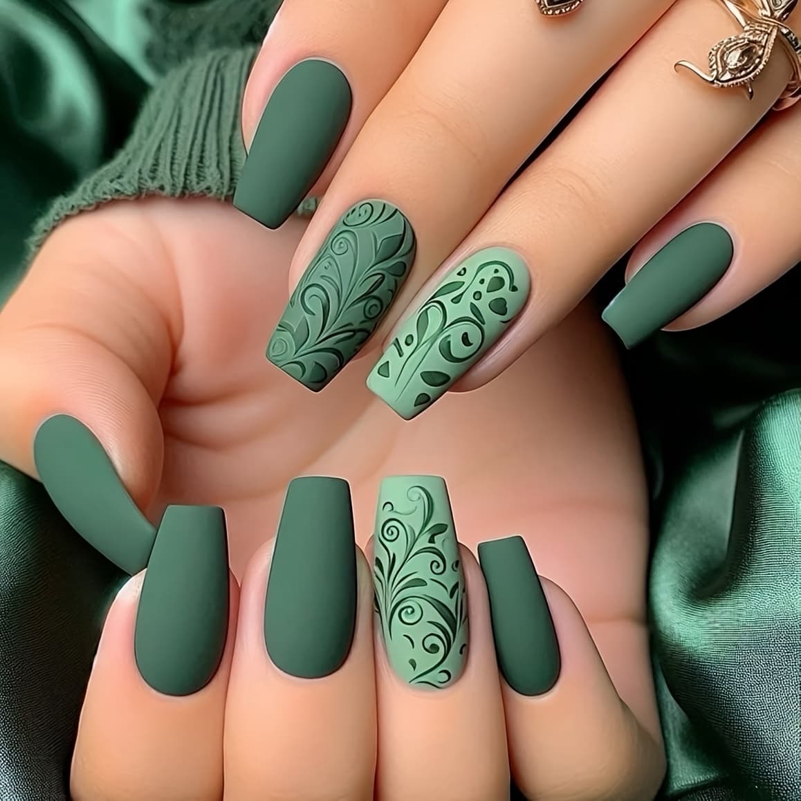 TEMU Women's Fake Nails In , Ballet-shaped, Medium-long, With Flower, Floral, Plant , Scroll Grass Pattern, Matte Nail Art, Detachable And Wearable Nails