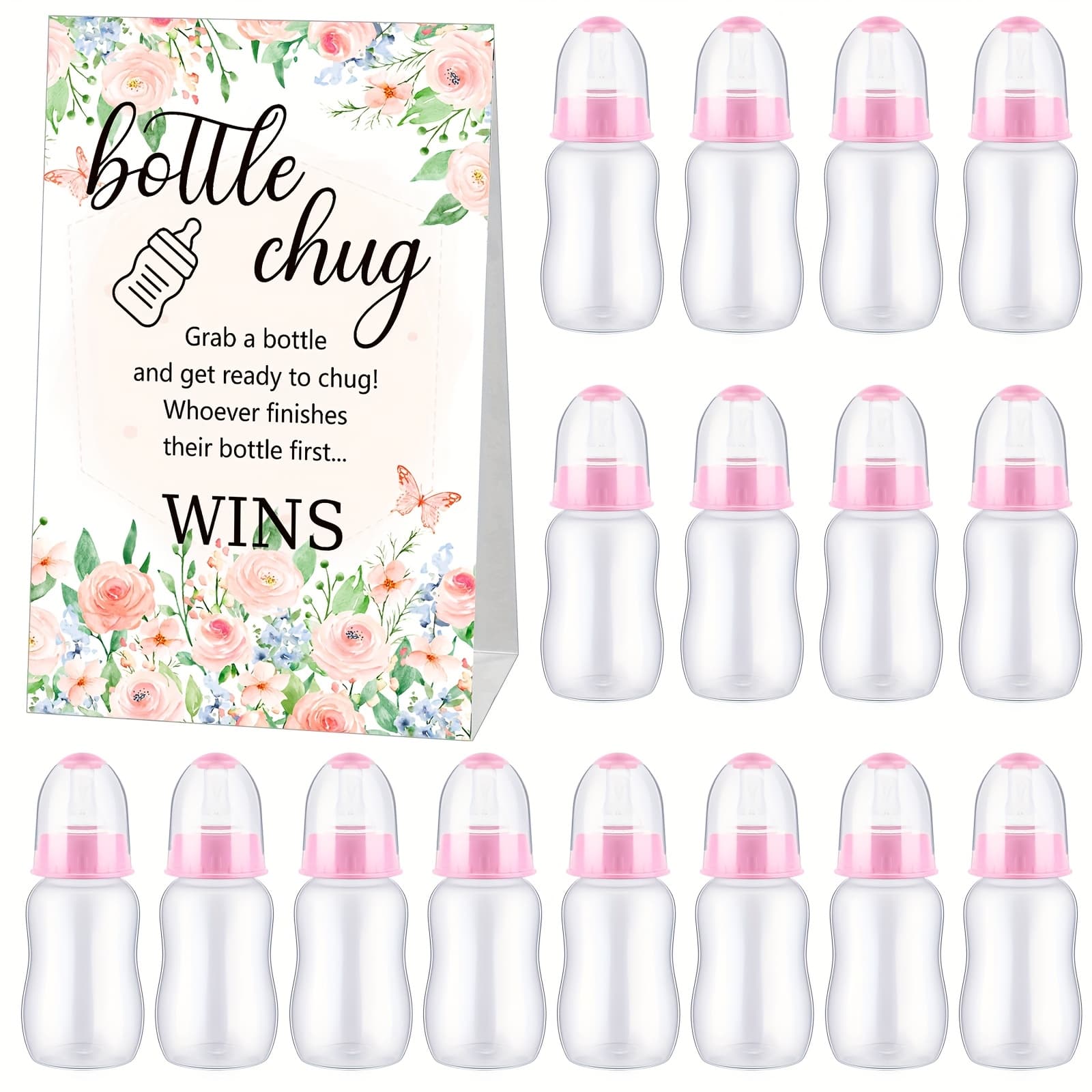TEMU Gift For Her/him Bottle Chug Shower Game Sign 20pcs Bottles Shower Favor Plastic Greenery Flowers Gift Set For Shower Gender Reveal Party (pinkflowers)