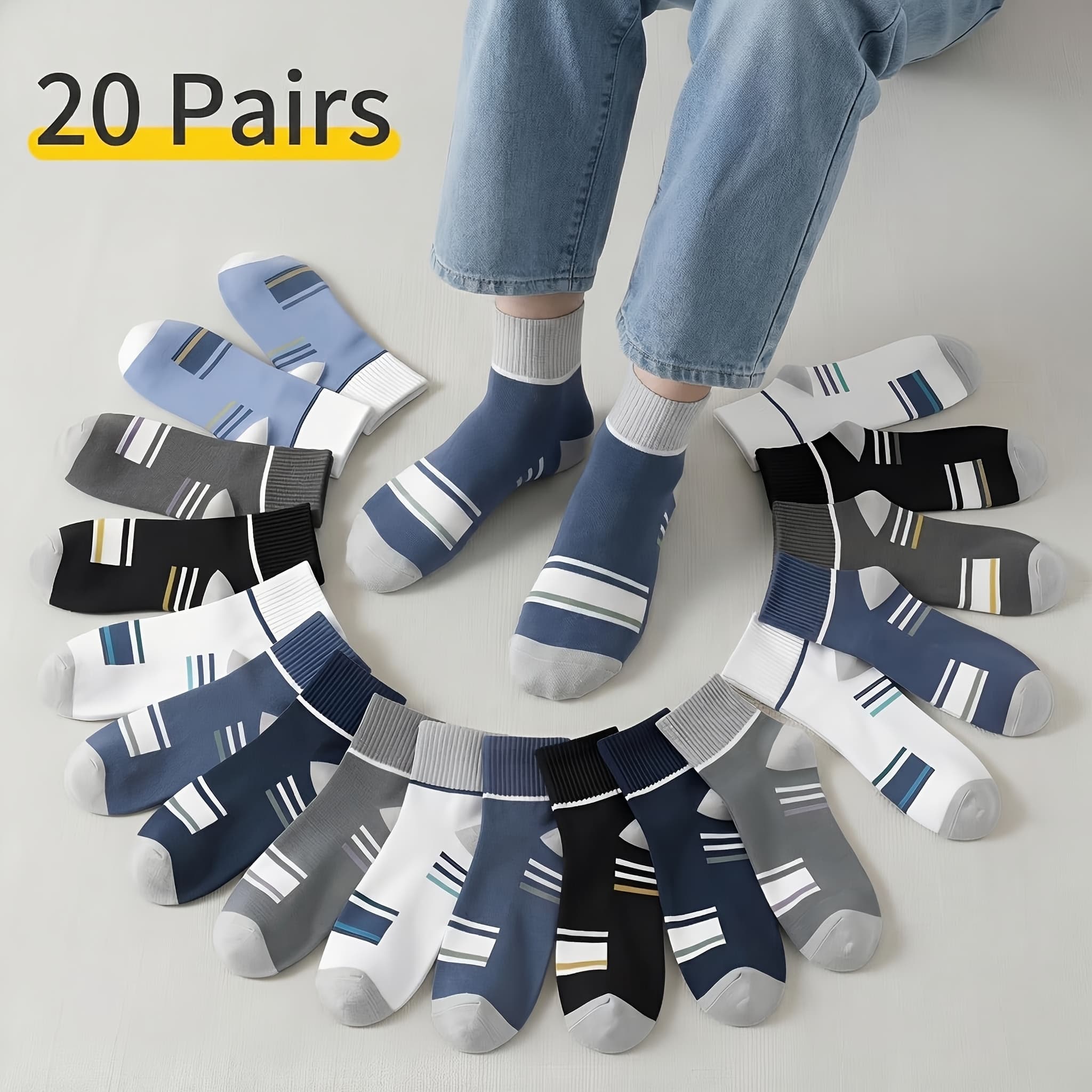 TEMU 5/10/20 Pairs Men's Socks, Multi-, -mixed Mid-calf Trendy Versatile Classic Short Socks, Sweat-absorbing And Breathable, Low To Mid-calf Socks