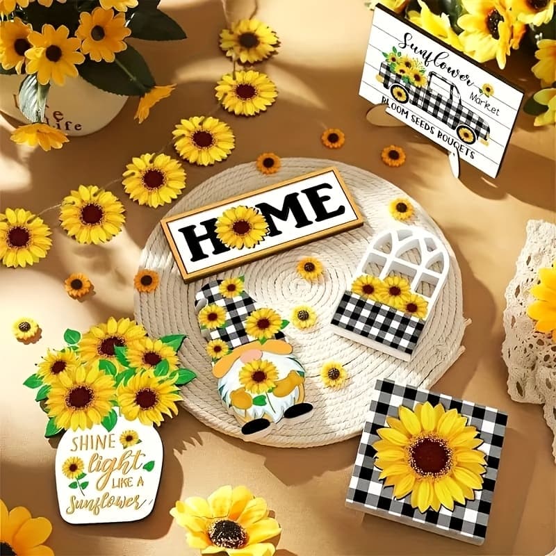 TEMU 22pcs Sunflower Tiered Plate Decoration Set, Theme Made In Wood, Rustic Floral Tabletop Decor, Farm Rustic Kitchen Decor, Spring Easter Indoor Decor, No Electricity Or Batteries Required