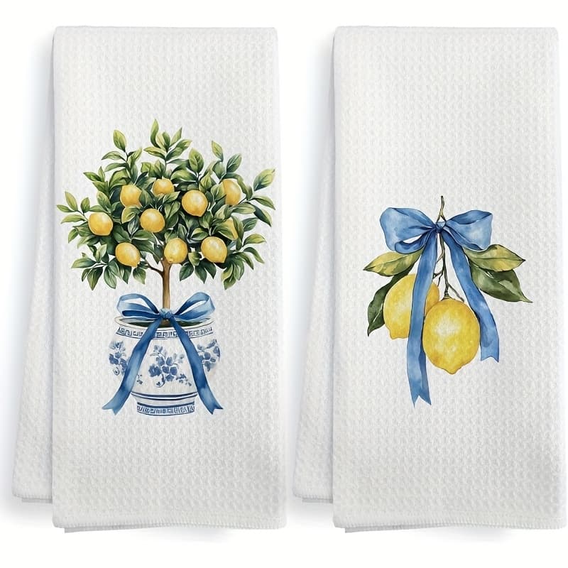 TEMU Set Of 2 Blue Ribbon Lemon Tree Hanging Ornaments, A Pair Of Kitchen Towels And Dishcloths Featuring A Chinese Lemon , Measuring 16×24 Inches, The Lemon Decorations Of The Amalfi In , With A Blue