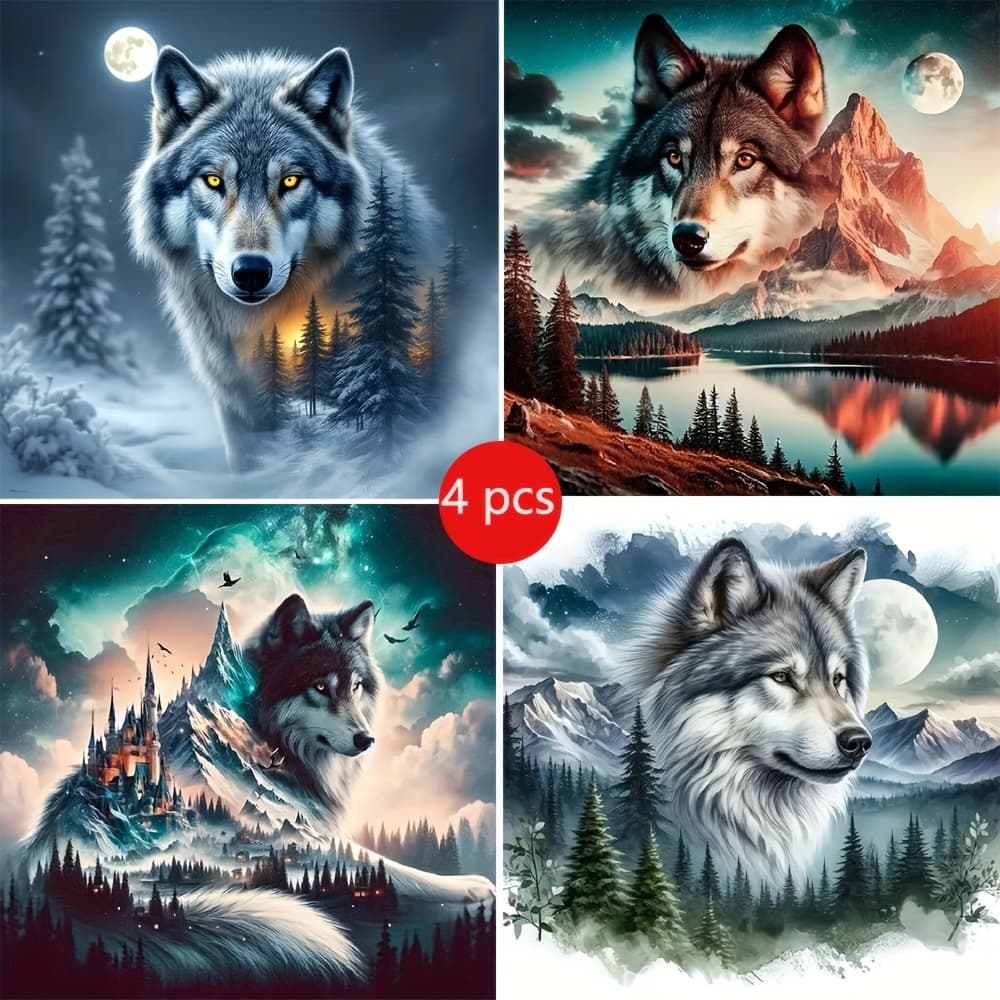 TEMU 4pcs Animal Landscape Theme 5d Diamond Painting Kit - Big And Water Round Mosaic Art, Full Diamond Acrylic Canvas For Room And Bedroom Wall Decoration Gift