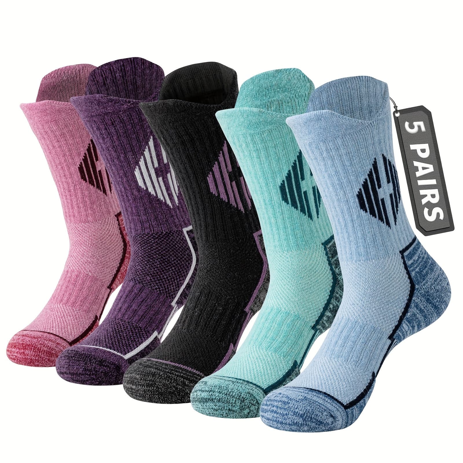 TEMU 5 Pairs Of Merino Wool Hiking Socks For Men And Women, Offering Compression Support, Sweat Absorption, , And Thick Cushioning - Perfect For Festival Gifts