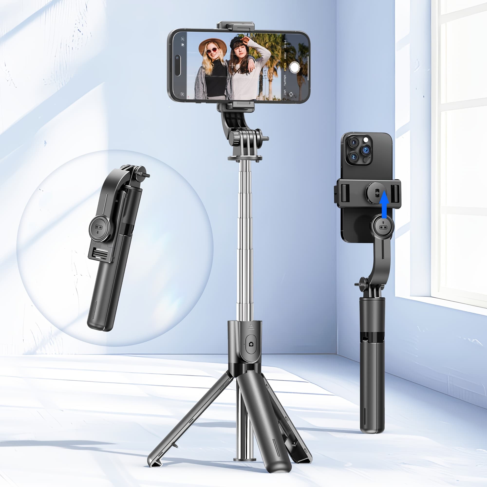 TEMU Portable Selfie Stick, Extendable Phone Tripod Stand With Detachable Wireless Remote & Phone Holder 360° Rotating Mini Travel Tripod Compatible With Iphone 17/16/15/14//