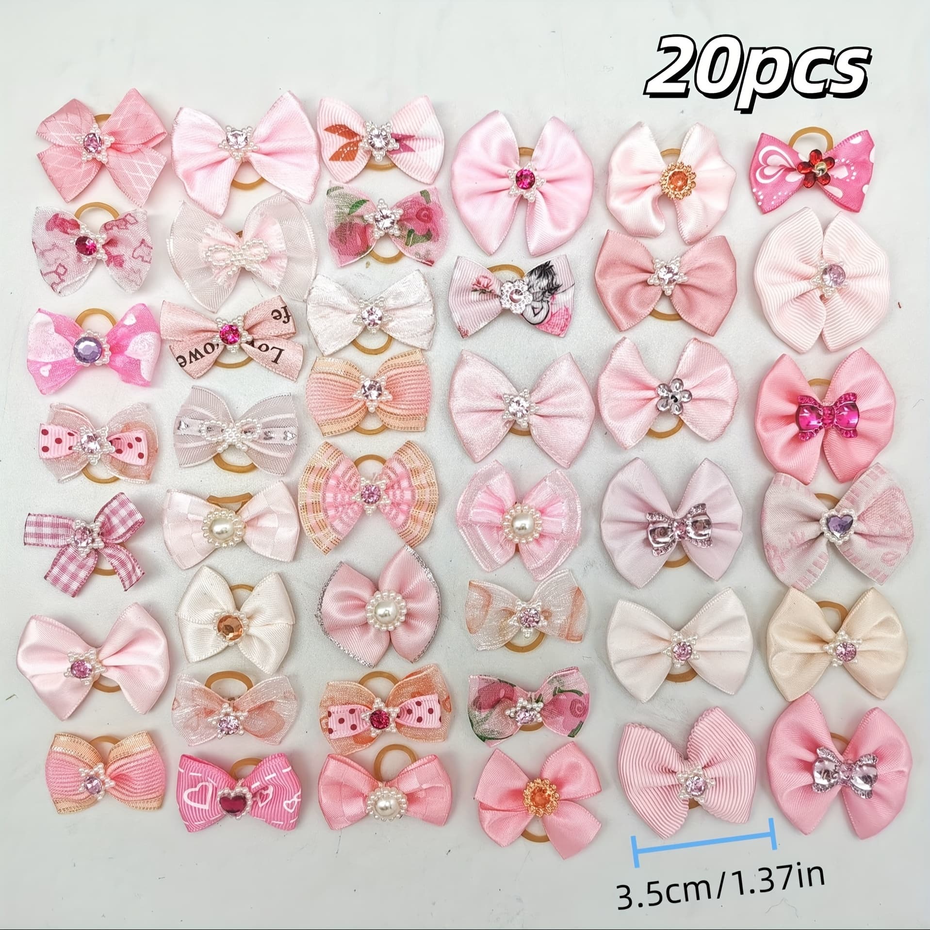 TEMU Set Of 20 Adorable Bows In Various Styles, Featuring Rhinestones And Pearls, Pet Grooming. Includes Rubber Bands For Hair Additions, Without Battery