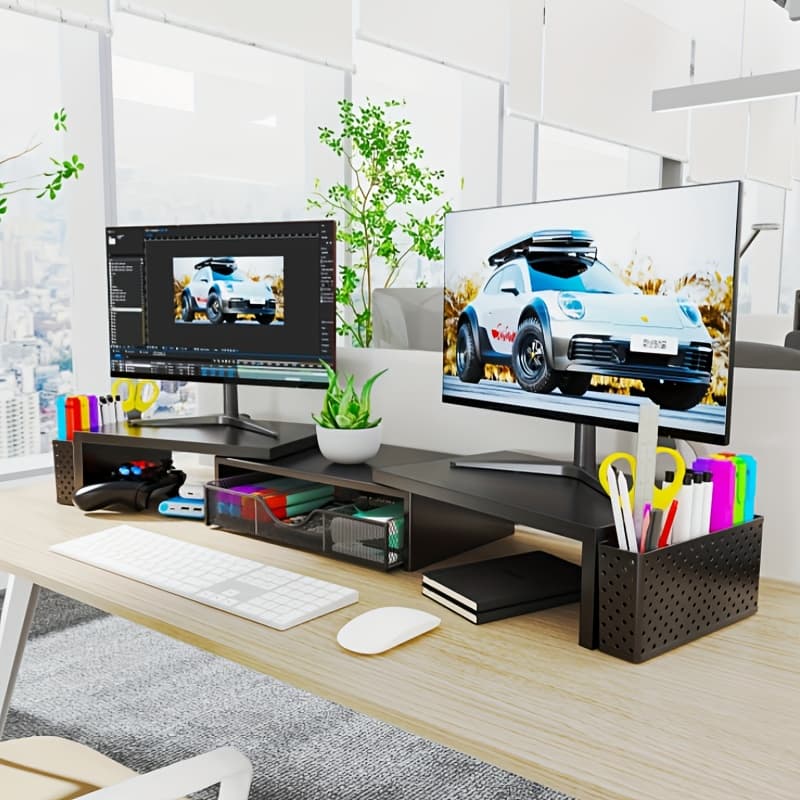 TEMU Heavy-duty Metal Dual Monitor Stand With Drawer - Desktop Organizer, Space-saving Adjustable Angle Length Dual Screen Lift Seat, Compatible With Laptops And Desktops - Suitable For Home Office