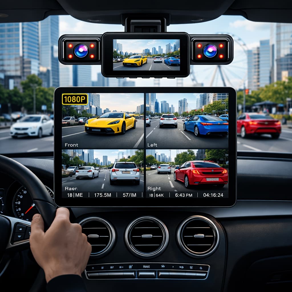 TEMU Hd Driving Recorder With 4 Cameras | 360° + Display, Infrared Night Vision Featuring Dynamic Locked , Loop Recording, Collision Protection, And Parking Monitoring, Without Battery