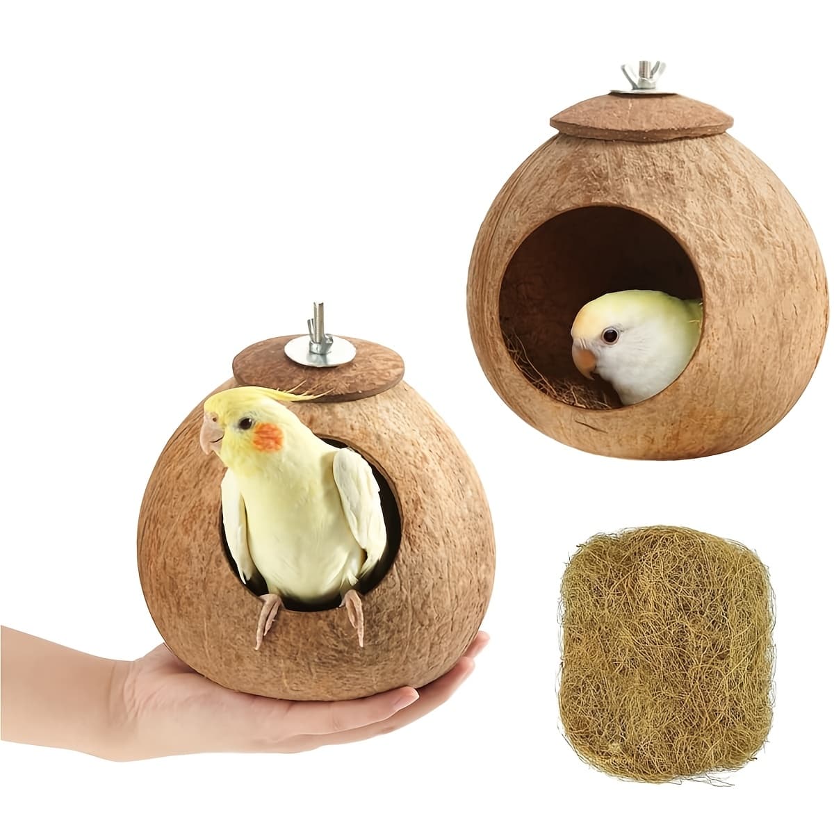 TEMU 2 Bird Nests Made Of Natural Coconut Shells, Suitable For Long-tailed Parrots' Breeding . Bird Cage Additions And Decorations, Applicable To Hamsters, Parrots, , Etc. (with Coconut Fibers)