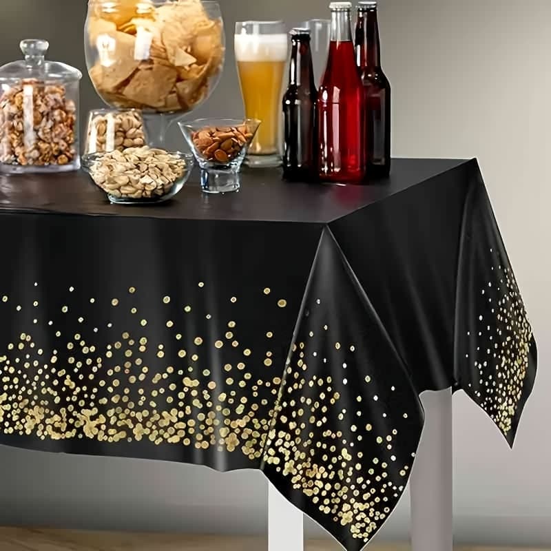TEMU Rectangular Black Plastic Tablecloth, Golden Dot Black Tablecloth, Disposable Confetti Soft Black Table Cover, For Wedding Anniversary Birthday Party Decoration Easter Gifts