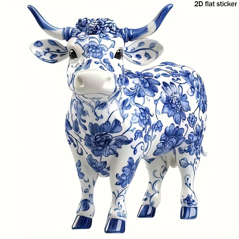 TEMU 17.78cm Blue And White Porcelain Cow Pattern Sticker, Car Sticker For Laptops, Bottles, Trucks, Mobile Phones, Motorcycles, Windows, Cups