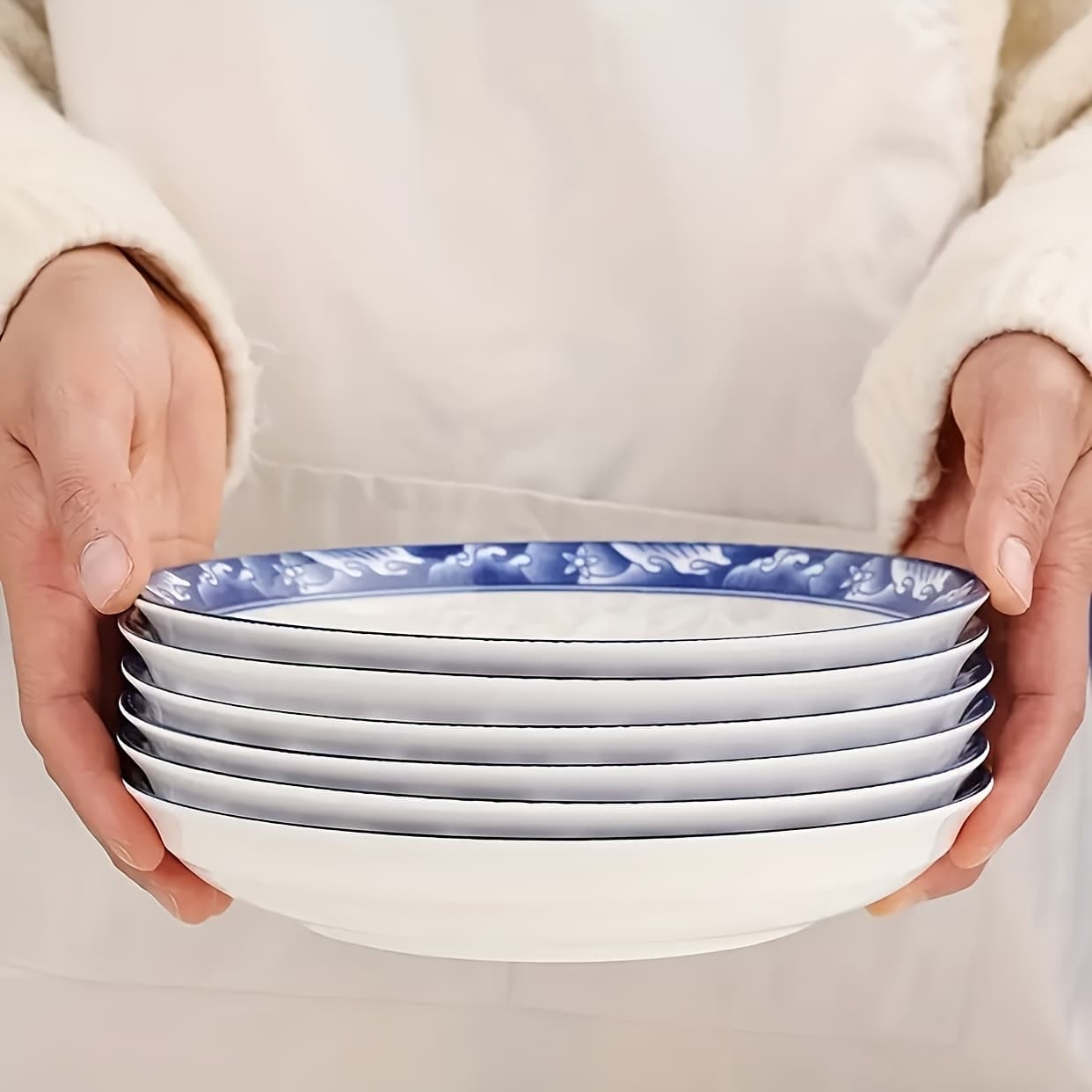 TEMU 6pcs Elegant Blue And White Ceramic Dinnerware Set, Large Round Plates With , Microwave And Dishwasher Safe, Suitable For Main Courses And Holiday Dining