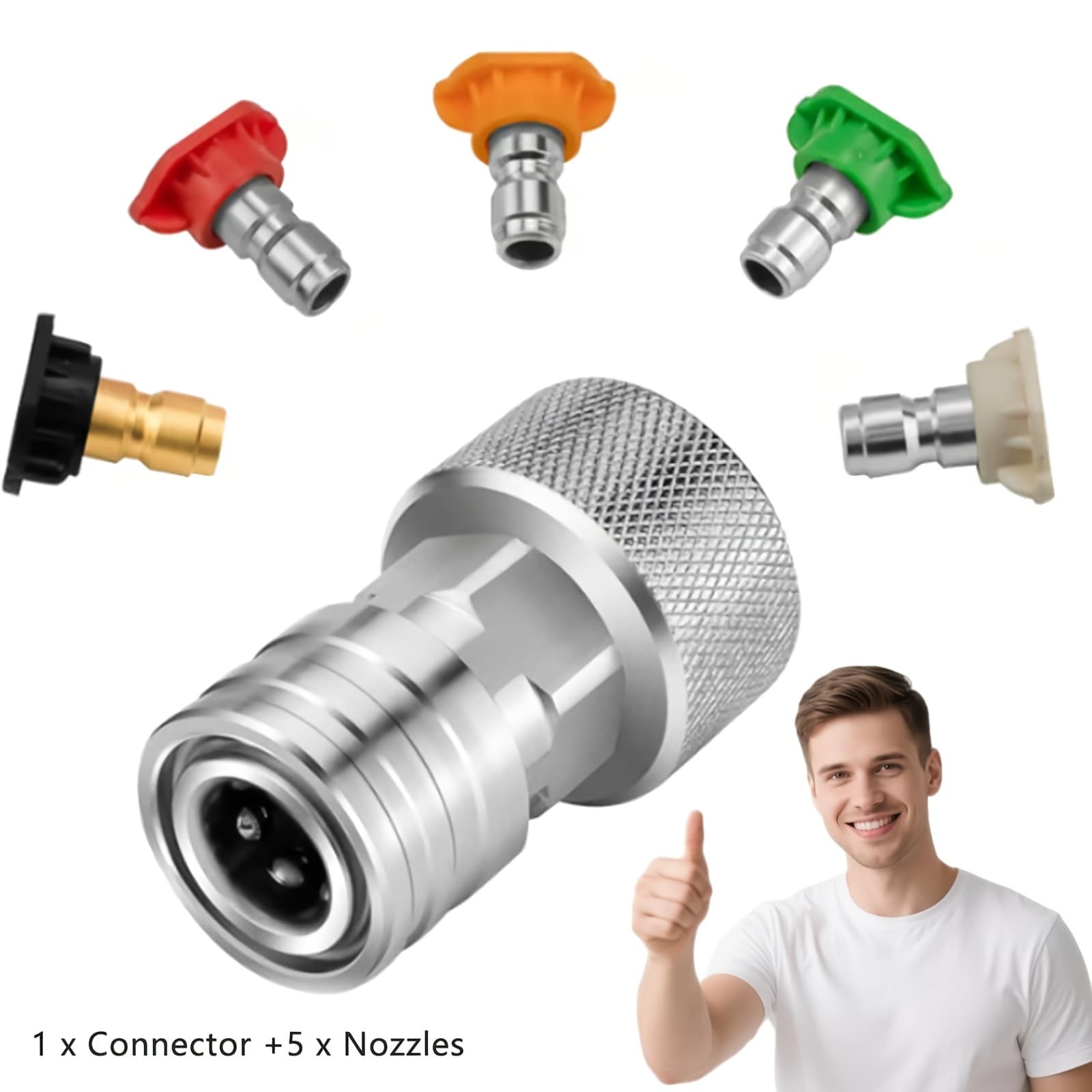 TEMU Garden Hose To Washer Adapter-3/4 Ght To 1/4", Garden Hose Pressure Washer Attachment, Water Hose To Power Washer Connector, Stainless Steel (connector +5 Nozzle Set)