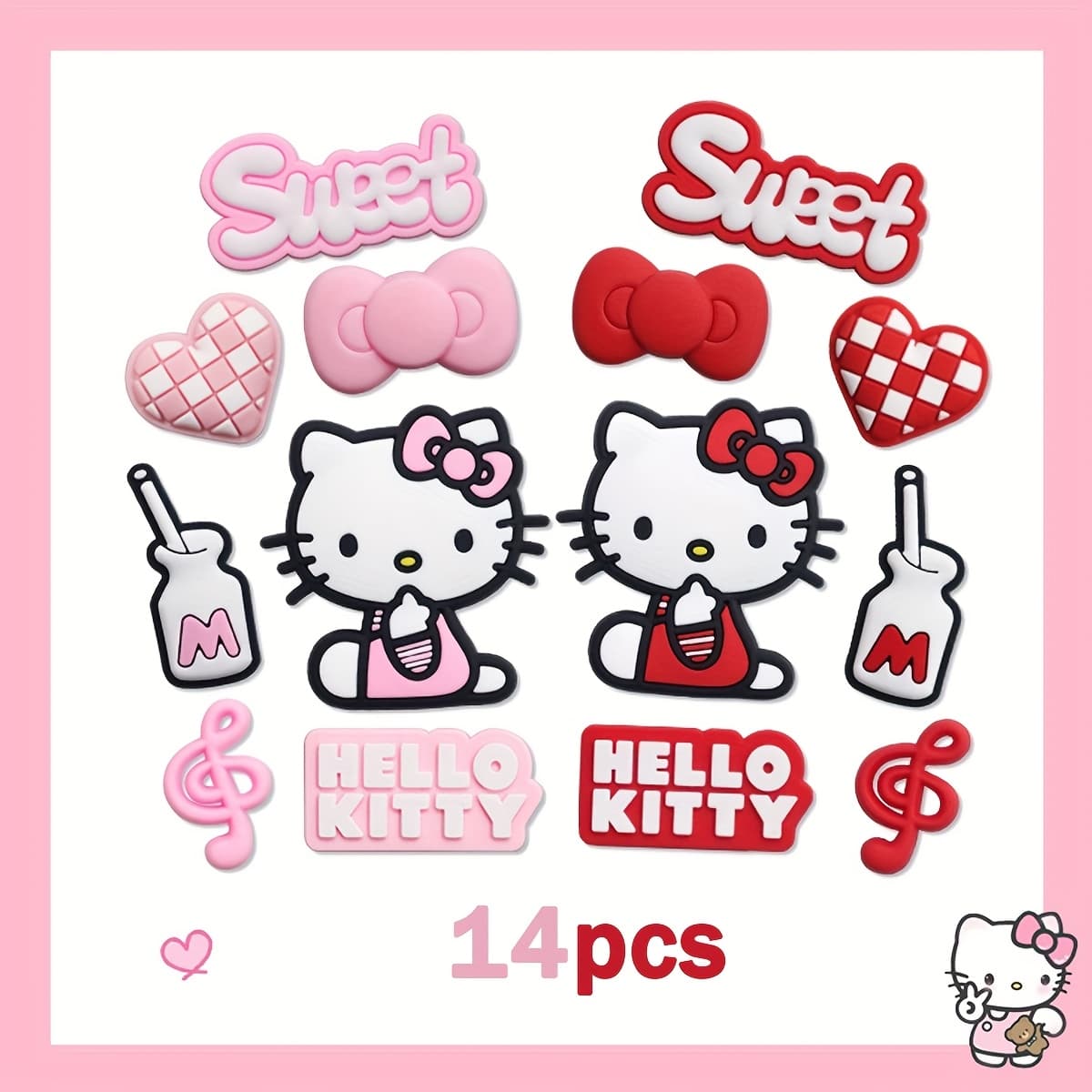 TEMU 14pcs Hello Kitty Charms Set, Pvc Shoe Decoration Beach Bag, Shoe Additions Ornaments, Birthday, Christmas, Valentine's Day, Halloween Party Gifts