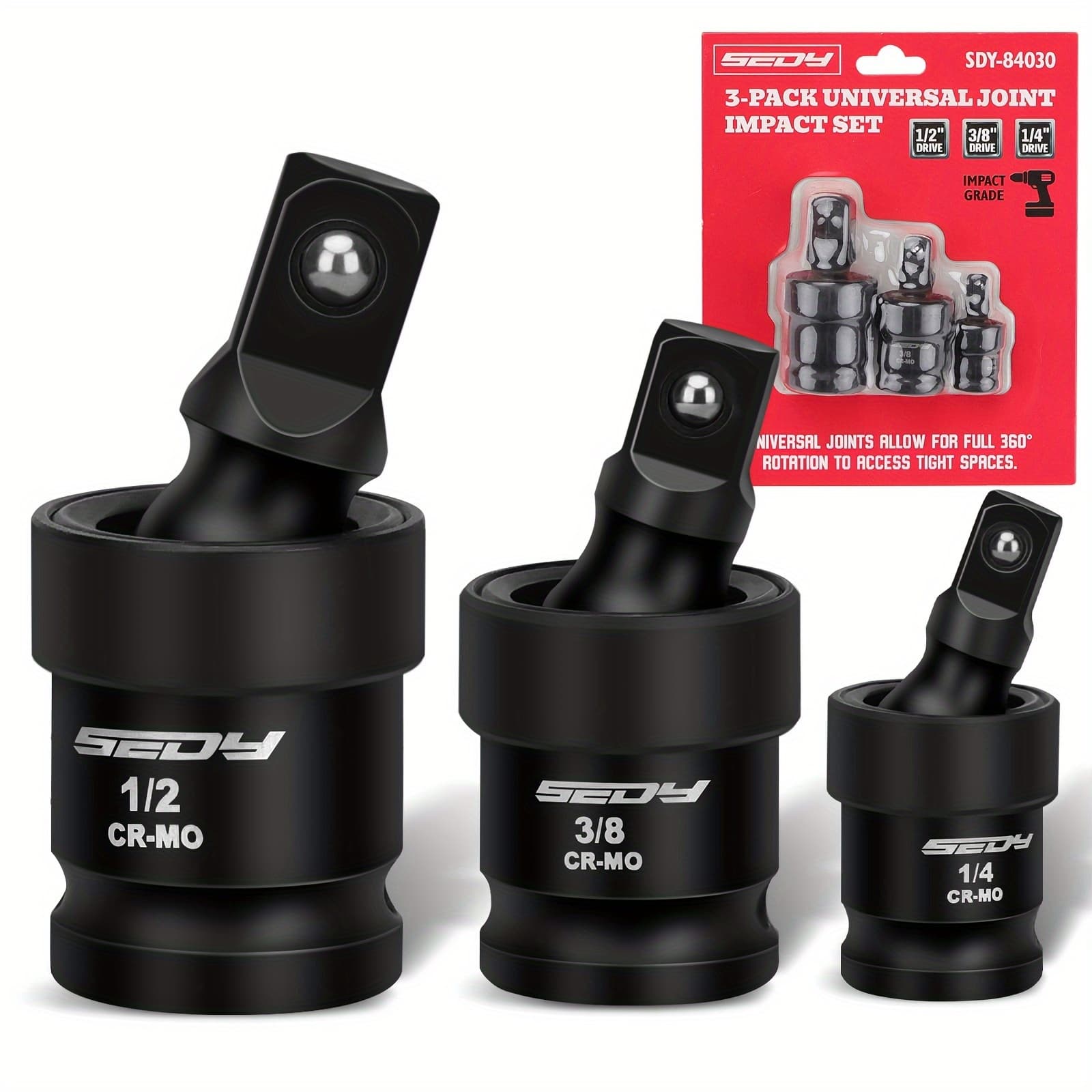 TEMU Sedy 3-piece Impact Universal Joint Swivel Socket Adapter Set 1/4" 3/8" 1/2" Drive 360°