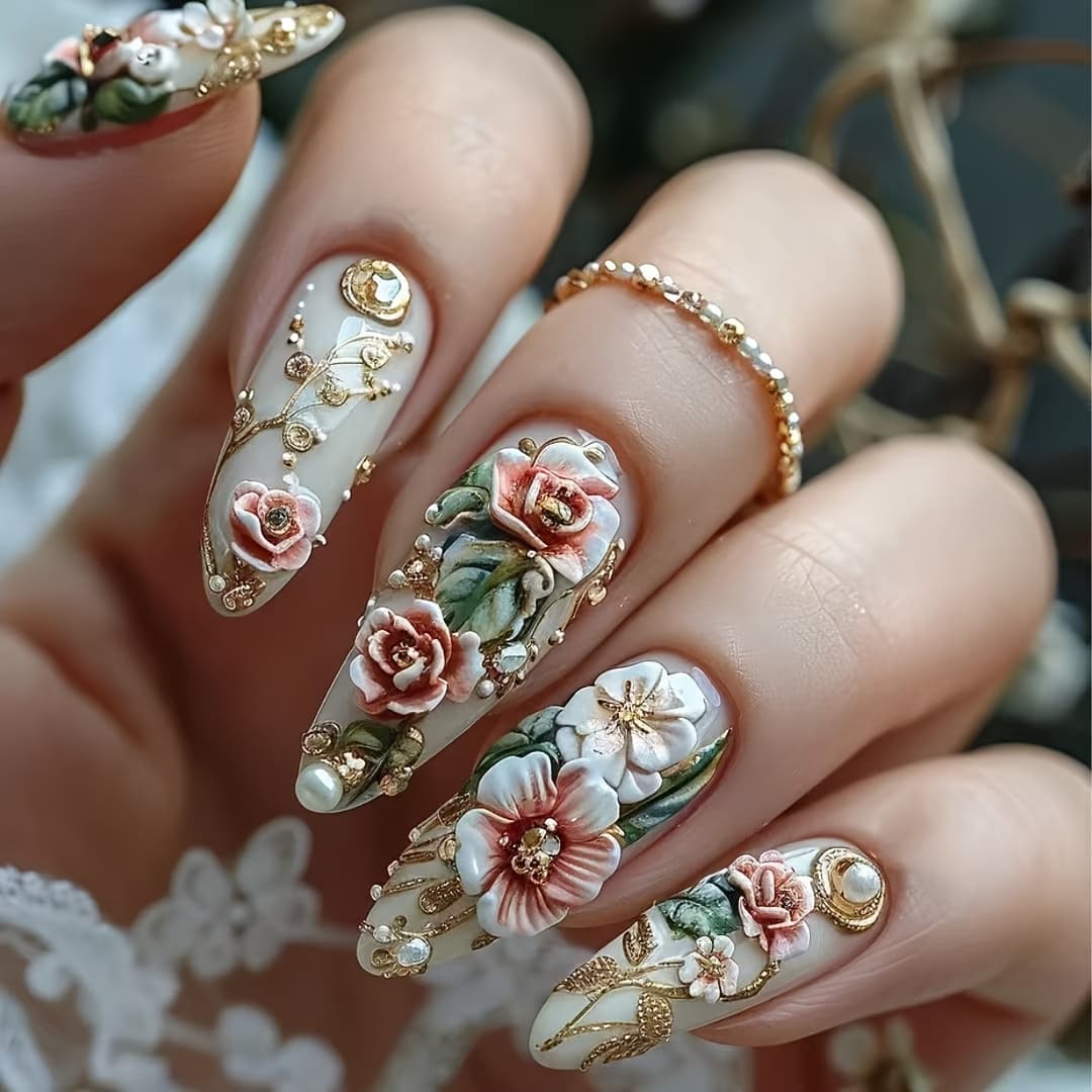 TEMU Chinese , 24pcs Elegant Fragrant Peony False Nails, Floral Luxurious Temperament High-end Atmosphere And Elegant Wearable Nails, Elegant Women' And Travel Essential Nail Art