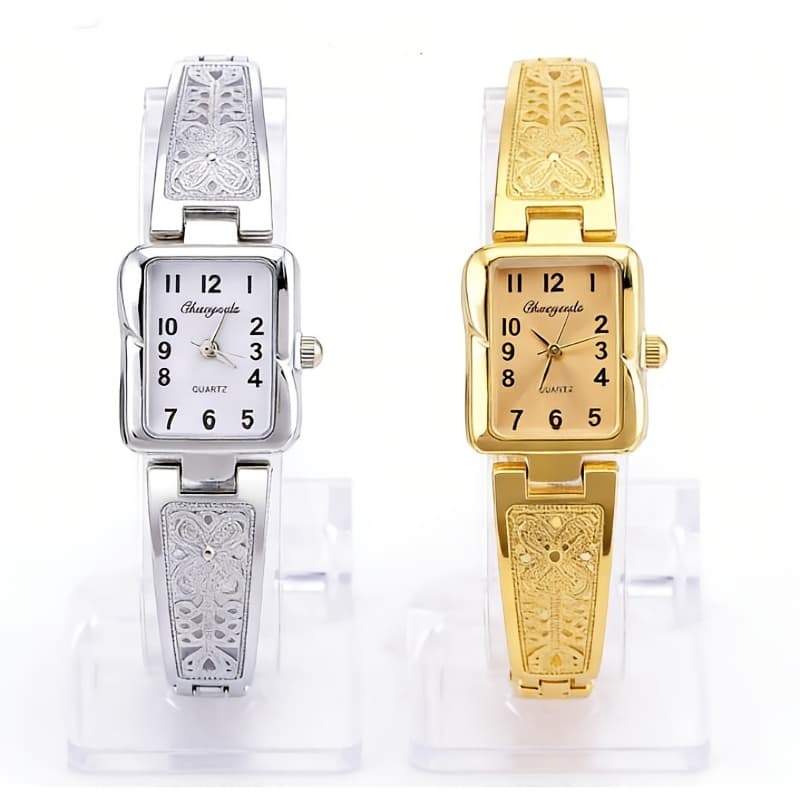 TEMU Set Of 2 Elegant Women's Wristwatches, Featuring Golden And Silvery Square With Arabic , Ideal For Everyday Casual Use By