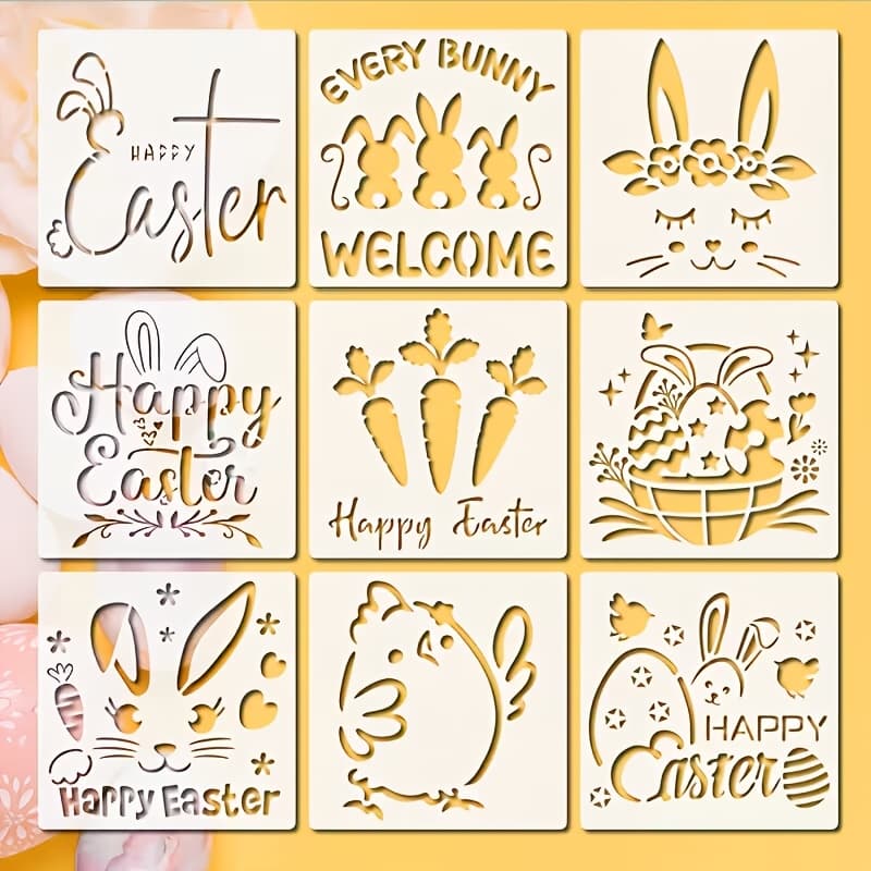 TEMU 9pcs Easter Bunny And Egg Stencils - -inch Reusable Templates With Featuring Carrots, Flowers, And Phrases For Diy Crafts, Scrapbooking, And Art Projects. Decorations With Patterns