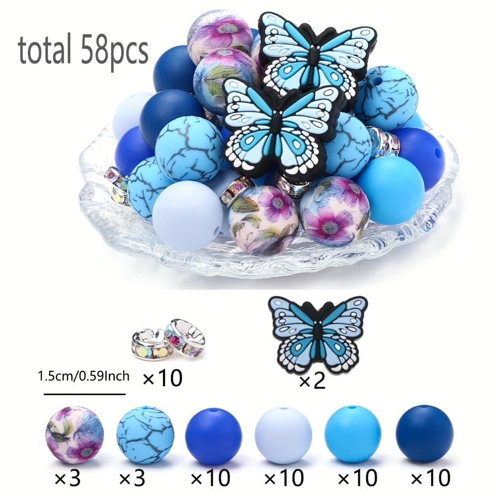 TEMU 58pcs Beads Silicone Printed Beads Combo Set Pretty Bead Set For Jewelry Making Bracelet Necklace Keychain Lanyard