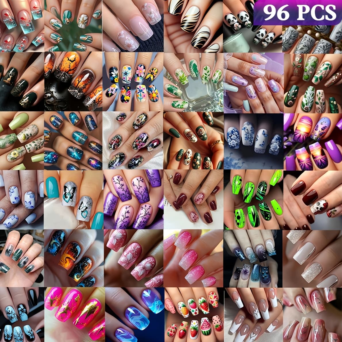 TEMU 96/48/192/288pcs Surprise Mixed-style Art Nails, Oval Shape, Glossy Finish, 36 Diverse , Removable & Reusable Medium-length Press-on False Nails