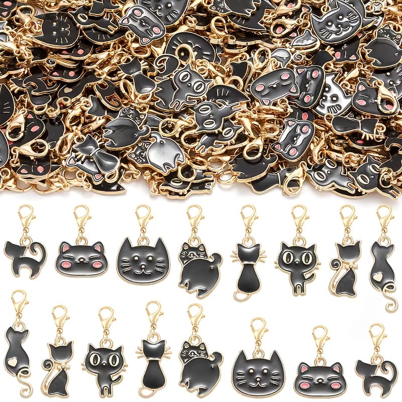 TEMU 20pcs Keychain - Golden Pendant Set For Couples, Romantic Gift For Cat Lovers & Diy Crafts, Lobster Clasp Charm For Him Her, European Style For Anniversary, Random Pattern.