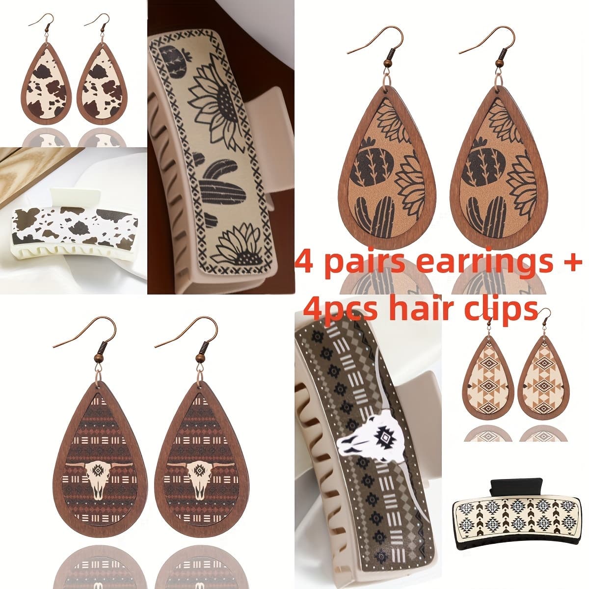 TEMU Set Of 4 Faux Leather Wooden Dangle Earrings And 4 Oblong Faux Leather Claw Hair Clips, Featuring A Vintage With A Cowboy Style Cactus And , Ideal For Everyday Use And As Gifts For Her
