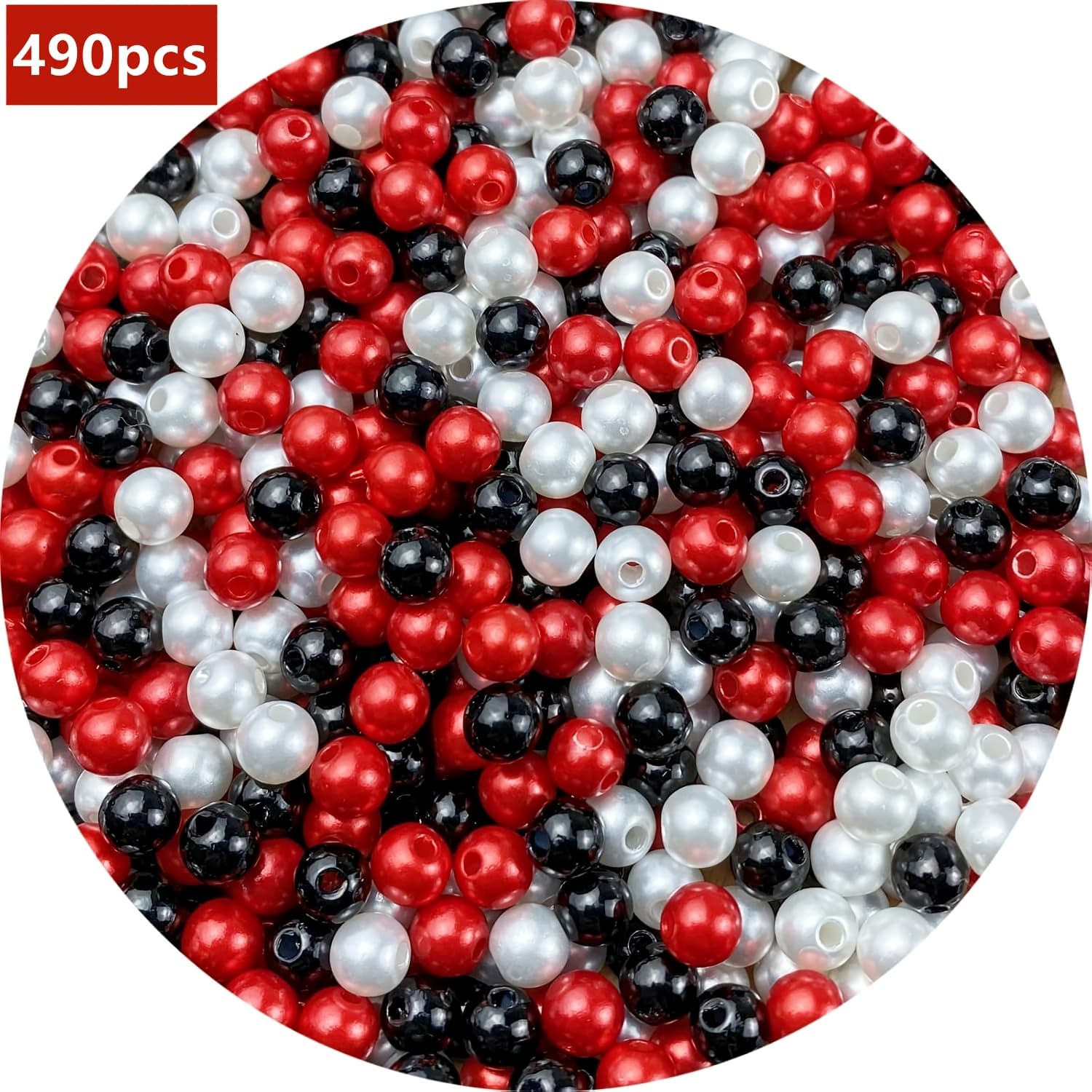 TEMU 490pcs Craft Beads Set, Loose Acrylic 6mm Round Spacer Beads For Earrings, Bracelets, Necklaces, Keychains, Jewelry Diy Crafting, Decorations, And Vase Filler - Black, Red, White