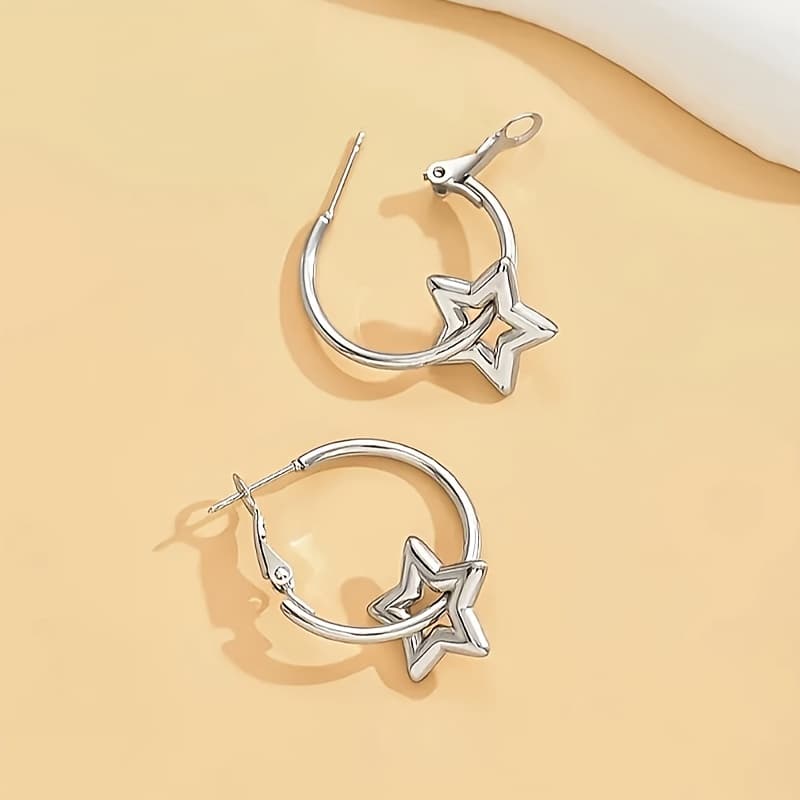 TEMU 1pc Stainless Steel Gold Plated Circle Earrings With Five-pointed Star, Fashionable And , Ring Earrings